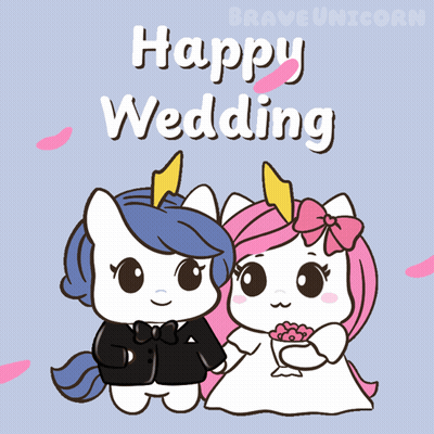 A Couple Of Unicorns Are Standing Next To Each Other With The Words Happy Wedding Written Above Them GIF