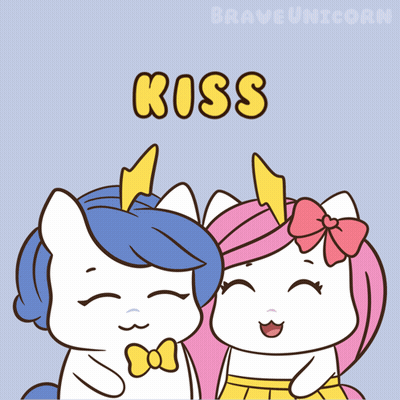 A Couple Of Unicorns Standing Next To Each Other With The Word Kiss Written Above Them GIF