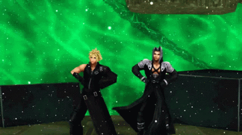 A Couple Of Video Game Characters Standing Next To Each Other In Front Of A Green Background GIF