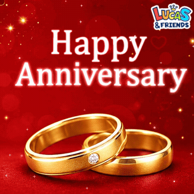 A Couple Of Wedding Rings On A Red Background With The Words " Happy Anniversary " GIF