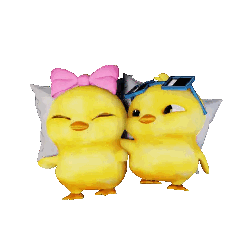 A Couple Of Yellow Chickens Standing Next To Each Other With One Wearing A Pink Bow And Sunglasses Sticker