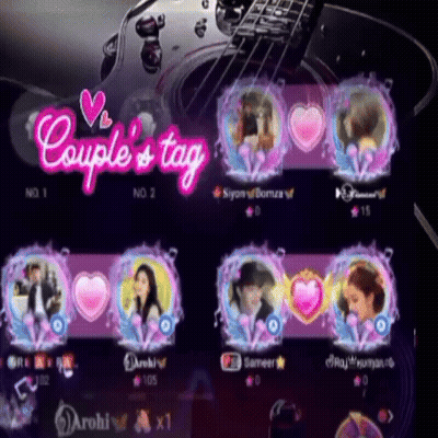 A Couple 'S Tag Is Displayed On A Screen With A Guitar In The Background GIF