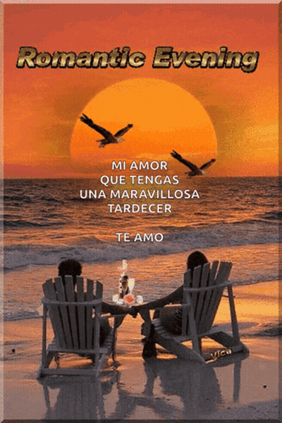 A Couple Sits In Chairs On A Beach With The Words Romantic Evening GIF
