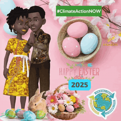 A Couple Standing Next To A Basket Of Easter Eggs And Flowers GIF