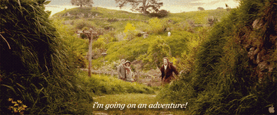 A Couple Walking Through A Hedge With The Words I 'M Going On An Adventure Below Them GIF