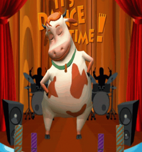 A Cow Dancing In Front Of A Sign That Says Dance Time GIF