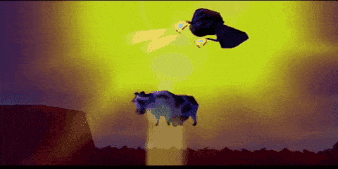 A Cow Is Jumping Over A Cliff While A Bird Flies Overhead GIF