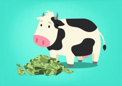A Cow Is Standing Next To A Pile Of Money That Says ' Usd ' On It GIF