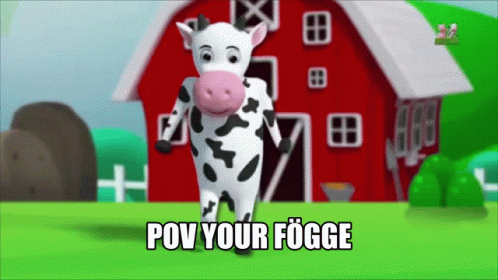 A Cow Standing In Front Of A Red Barn With The Words Pov Your Fogge Written Below It GIF