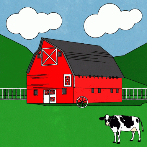 A Cow Stands In Front Of A Red Barn On A Farm GIF