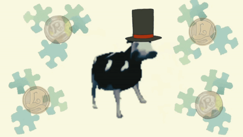 A Cow Wearing A Top Hat Surrounded By Puzzle Pieces And Coins GIF