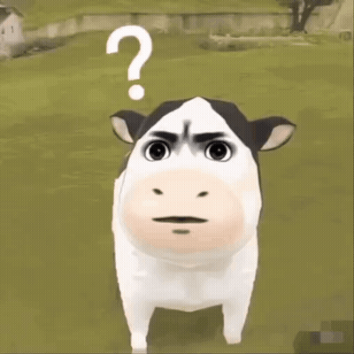 A Cow With A Question Mark On Its Head Is Standing In A Grassy Field . GIF