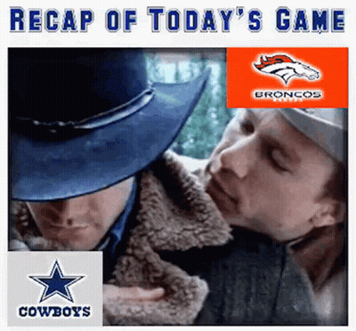 A Cowboy And A Broncos Logo Are On A Poster For A Cowboys Game GIF