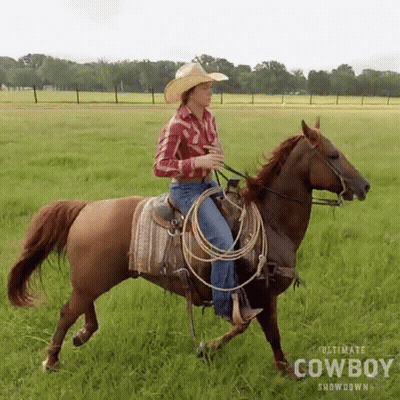A Cowboy Is Riding A Brown Horse In A Field GIF
