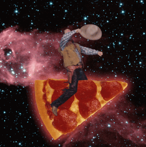 A Cowboy Is Riding A Slice Of Pepperoni Pizza Through Space GIF