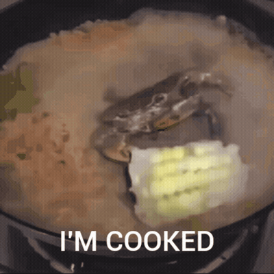 A Crab Is Being Cooked In A Pot With The Words I 'M Cooked Above It GIF