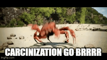 A Crab Is Crawling On A Beach With The Words Carcinization Go Brrr GIF