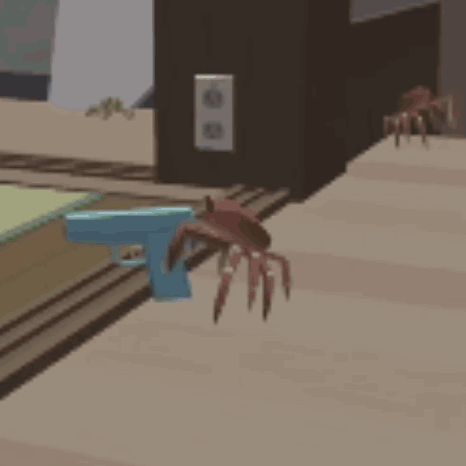 A Crab Is Standing Next To A Toy Gun On A Wooden Floor . GIF