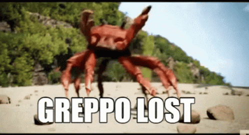 A Crab On A Beach With The Words " Greppo Lost " On The Bottom GIF