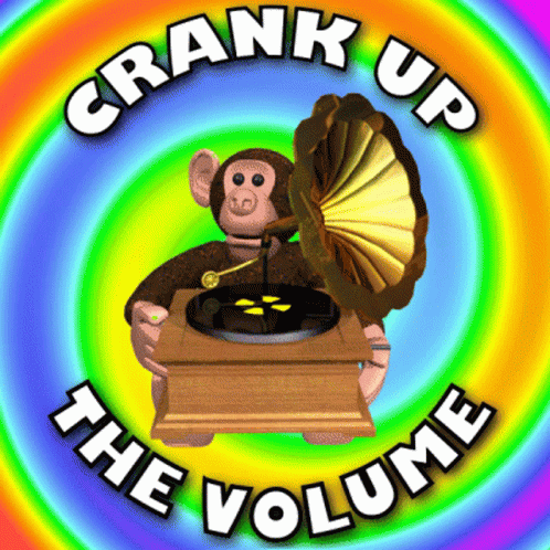 A Crank Up The Volume Logo With A Monkey Playing A Record On A Record Player GIF