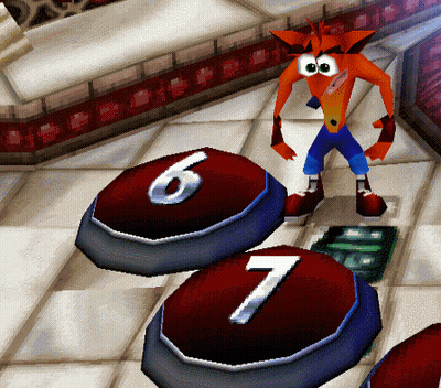 A Crash Bandicoot Video Game Character Is Standing In Front Of Buttons With The Numbers 6 And 7 On Them GIF