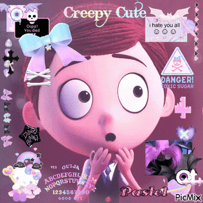 A Creepy Cute Collage With A Cartoon Character GIF