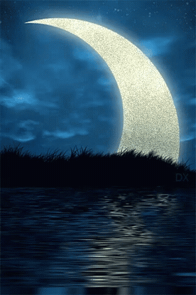A Crescent Moon Is Reflected In A Body Of Water With The Letters Dx Below It GIF