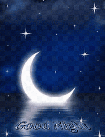 A Crescent Moon Is Reflected In A Body Of Water With The Words Good Night Below It GIF