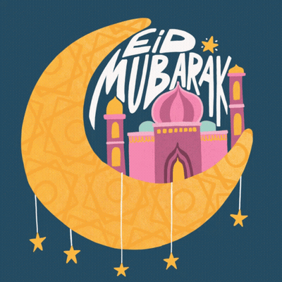 A Crescent Moon With A Pink Mosque And The Words Eid Mubarak On It GIF