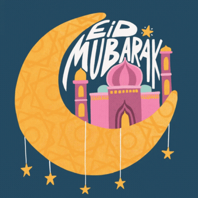 A Crescent Moon With A Pink Mosque And The Words Eid Mubarak On It GIF