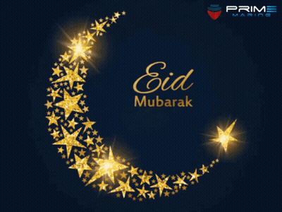 A Crescent Moon With Gold Stars And The Words Eid Mubarak GIF