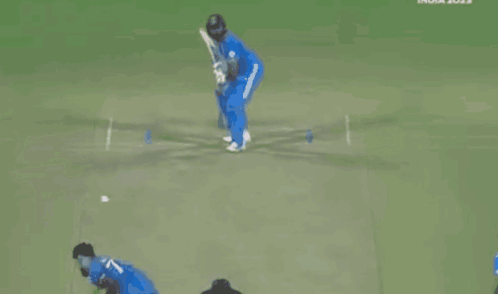 A Cricket Player In A Blue Uniform Is Playing A Game Of Cricket . GIF