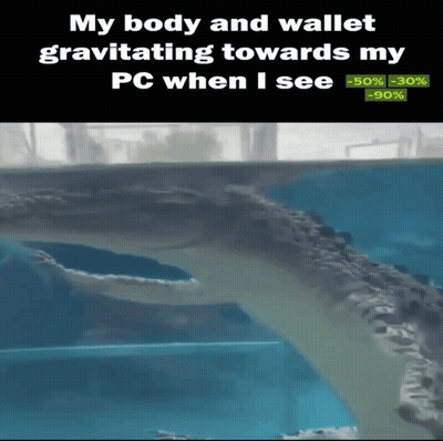 A Crocodile Is Swimming In A Tank With A Caption That Says My Body And Wallet Gravitating Towards My Pc GIF