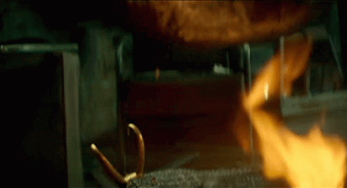 A Crocodile With Horns Is Laying In Front Of A Fire GIF