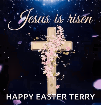 A Cross With Flowers On It And The Words `` Jesus Is Risen '' GIF