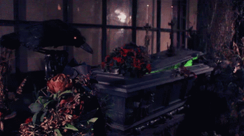 A Crow Sits On Top Of A Coffin With A Green Light On It GIF