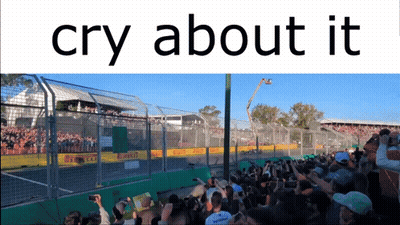 A Crowd At A Race Track With The Words Cry About It GIF