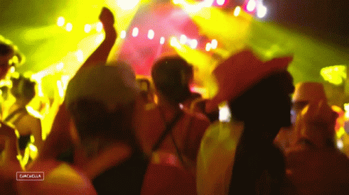A Crowd Of People Are Dancing At A Music Festival With A Caption That Says " Coachella " GIF