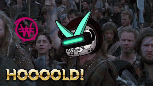 A Crowd Of People Are Gathered In Front Of A Sign That Says Hooold GIF
