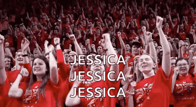 A Crowd Of People Are Raising Their Fists In The Air And The Name Jessica Is On The Bottom Right GIF