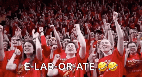 A Crowd Of People Are Raising Their Fists In The Air With The Words E-Lab-Orat-E Written Above Them GIF