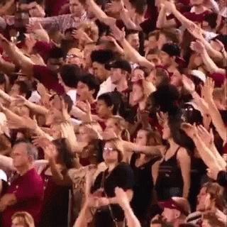A Crowd Of People Are Raising Their Hands In The Air . GIF