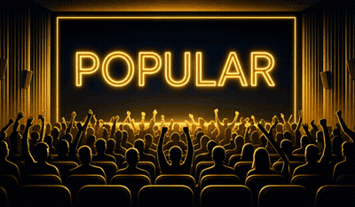 A Crowd Of People Are Watching A Movie And The Word Popular Is Glowing On The Screen GIF