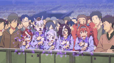 A Crowd Of People Are Watching A Race And One Of The Girls Is Wearing Purple GIF
