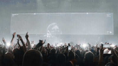 A Crowd Of People At A Concert With Their Hands In The Air In Front Of A Large Screen With A Skull On It GIF