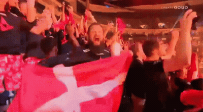 A Crowd Of People Holding A Red And White Flag In A Stadium . GIF