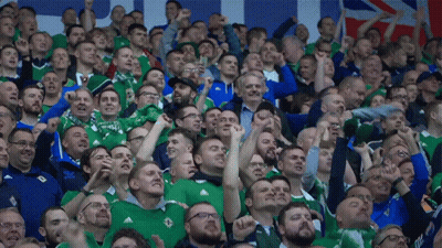 A Crowd Of People In A Stadium With One Wearing A Green Shirt That Says Adidas GIF