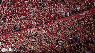 A Crowd Of People In A Stadium With The Words Flyvee On The Bottom Left GIF