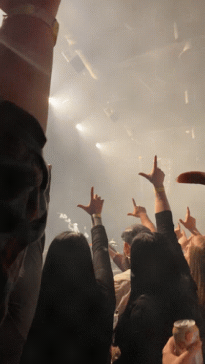 A Crowd Of People Raising Their Hands In The Air At A Concert GIF