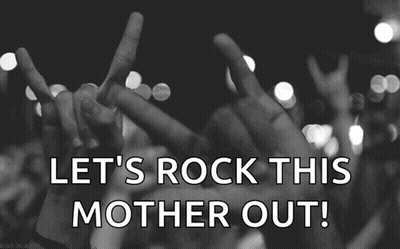 A Crowd Of People Raising Their Hands In The Air With The Words Let 'S Rock This Mother Out GIF